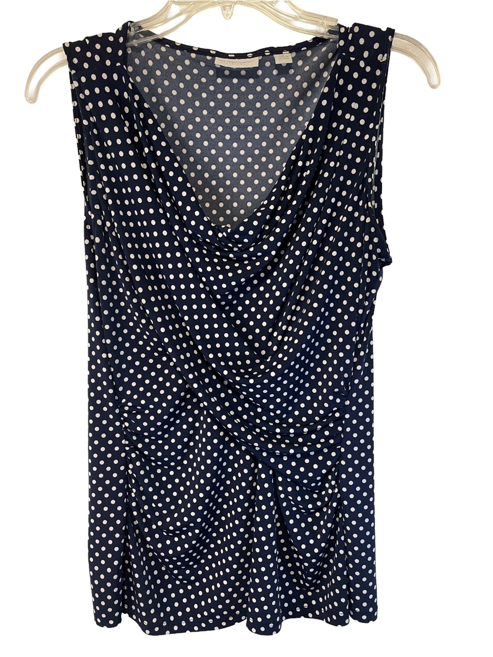 New York & Company Stretch Sleeveless Navy Polka Dot Drape Top Women’s Size M